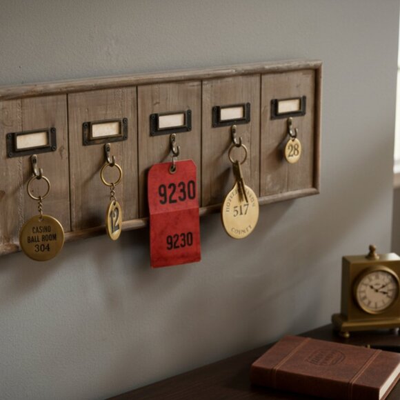 Ship-Multi Key Holder Wood Wall Rack 5 Hooks Vintage Style Office Motel Hotel - Picture 5 of 13